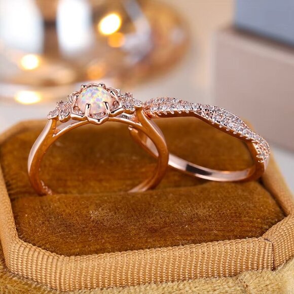 NEW 14k Rose Gold Diamond Ring Band Set of 2 Stackable Rings - Picture 3 of 4